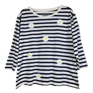 Talbots Top Womens Large Petite French‎ Striped Blue White Embroidered Flowers